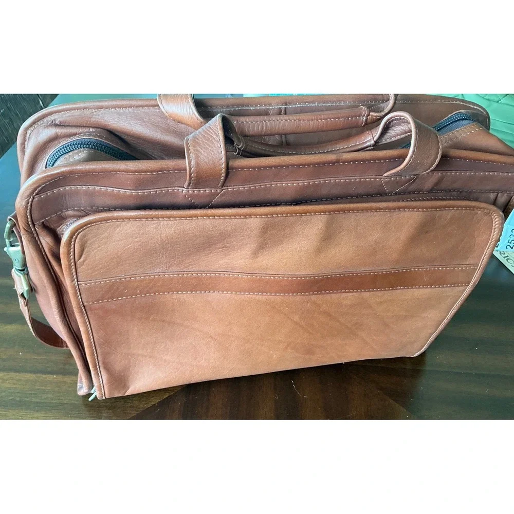 USL Vintage Leather Briefcase Messenger Bag Cognac Brown Multi Pocket Laptop Bag